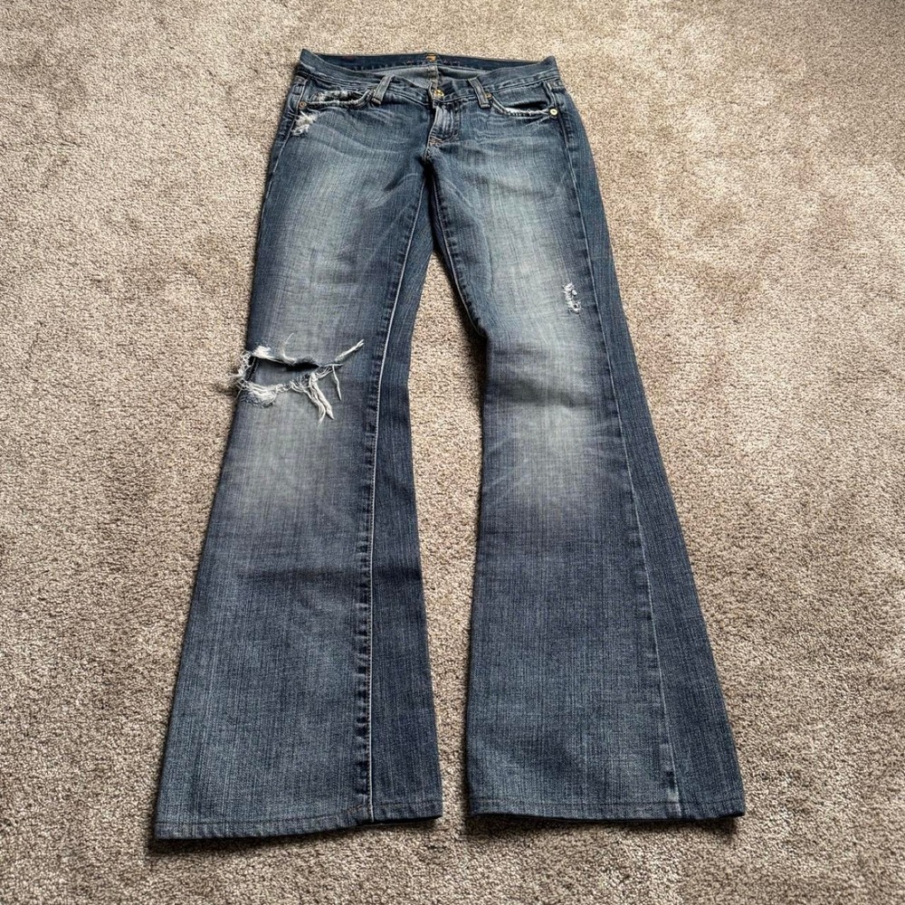 7 FOR ALL MANKIND DISTRESSED "FLARE" LOW RISE BOOTCUT DENIM
